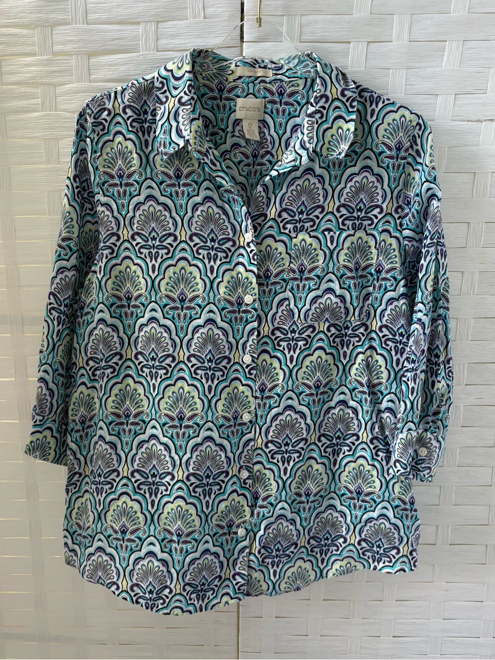Chico's Size L Linen Button Up 3/4 Sleeve Top Chest Pocket No Iron Cruise Beach